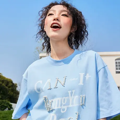 Nuthink珍珠字母短袖T恤潮牌男女美式复古重磅半袖2025夏季新款图片