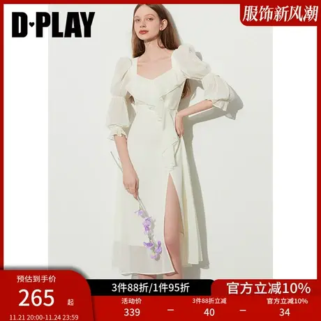 DPLAY夏奶油杏不对称荷叶边侧开衩葫芦袖雪纺连衣裙商品大图