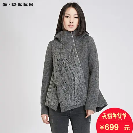 sdeer圣迪奥女2018冬装素朴新古典绣花短款毛呢连帽外套S16482219图片