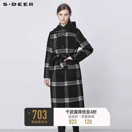 sdeer圣迪奥冬休闲连帽双排扣收腰格纹毛呢大衣S21481825图片