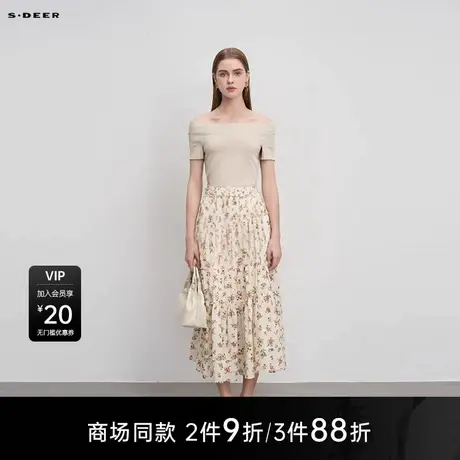 【商场同款】sdeer圣迪奥女装OL风圆领修身拼接短袖T恤S25280129图片