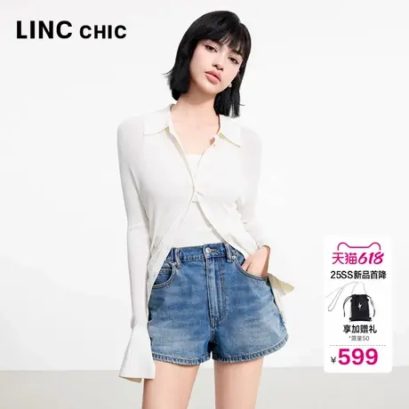 LINC金羽杰2025年夏季新款短裤中腰松紧宽腿牛仔短裤女夏DS105Y商品大图