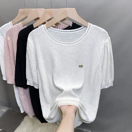 冰丝圆领针织衫女2025夏装新款宽松外穿泡泡袖上衣短袖薄t恤衫潮商品大图