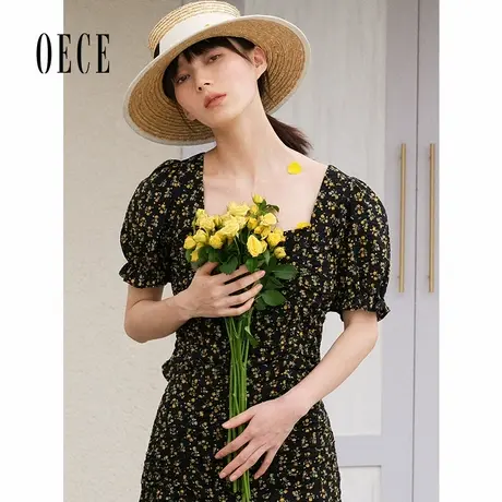 Oece夏装新款女装 元气小碎花复古甜心少女感方领短袖上衣商品大图
