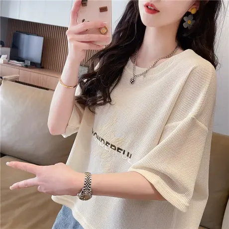 小个子短款短袖t恤女夏季韩版宽松设计感小众华夫格半袖百搭上衣商品大图