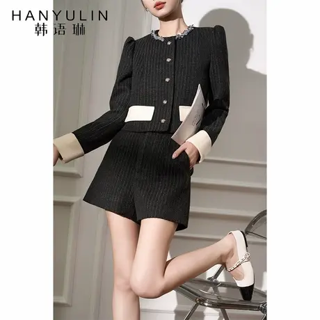 韩语琳 黑色毛呢a字短裤女夏季外穿2025新款高腰阔腿裤短款裤子商品大图