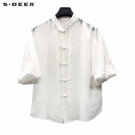 sdeer圣迪奥女装新中式盘扣提花泡泡袖两件套衬衫S242Z0443图片