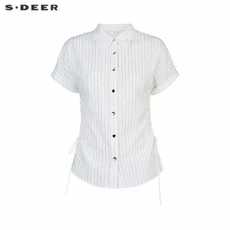 sdeer圣迪奥女装25年新品OL风翻领撞色条纹系带短袖衬衫S252Z0413图片