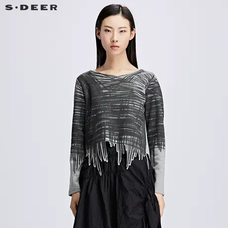 sdeer圣迪奥2018秋女装现代建筑感破边长袖T恤S17180279🤙商品大图