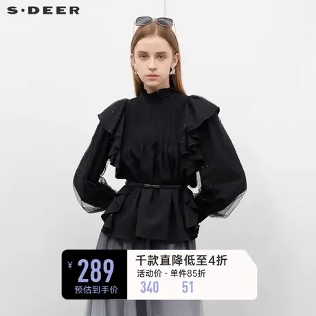 sdeer圣迪奥女装木耳边圆领风琴褶网纱灯笼袖衬衫S231Z0527🎤商品大图