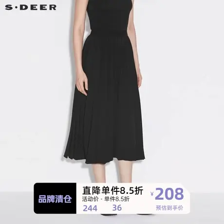 sdeer圣迪奥女装简约休闲松紧抽褶黑色A字长裙S21381119商品大图