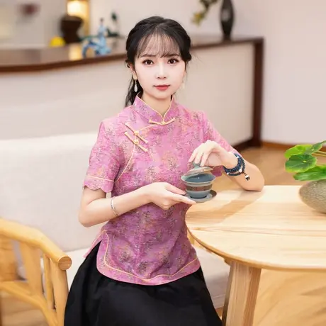筠雅唐装女中国风改良旗袍上衣夏季短袖中式盘扣复古时尚中式女装商品大图