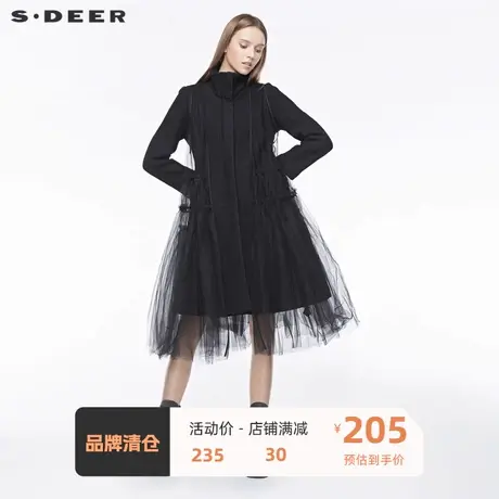 sdeer 🌁圣迪奥女装休闲高领不规则网纱两件套纯黑大衣S19481820商品大图