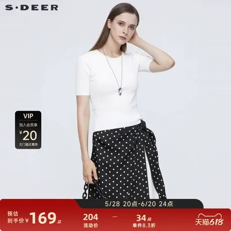 【sdeer奥莱】圣迪奥罗纹圆领飘带拼接休闲短袖针织衫S21263501图片