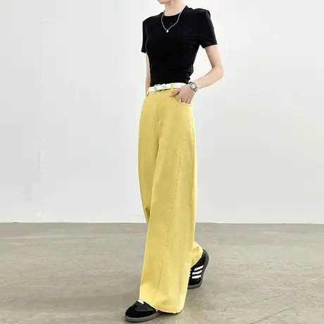 天丝棉姜黄色阔腿牛仔裤女夏季薄款高腰宽松显瘦拖地直筒弯刀裤子商品大图