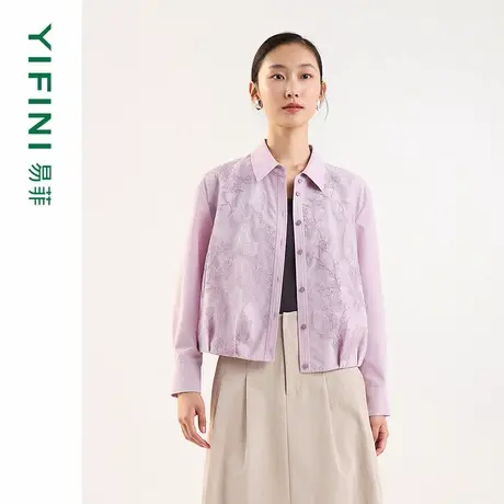 [专柜同款]Yifini/易菲截短款落肩网布绣花拼接宽松衬衫百搭外套商品大图
