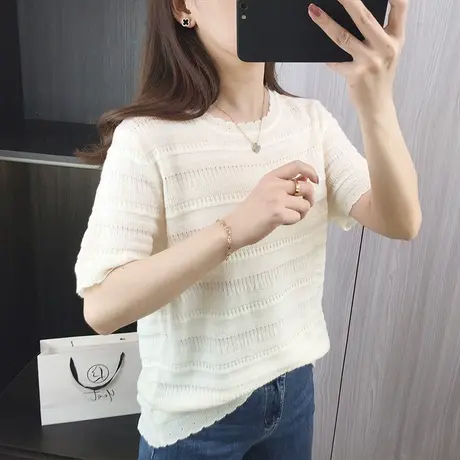 2024夏季新款镂空半袖简约宽松针织衫冰丝短袖t恤女装上衣爆款图片