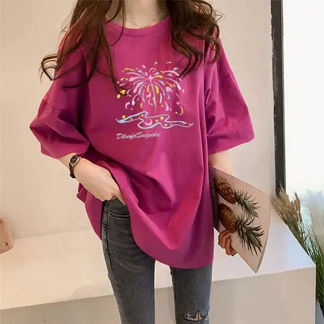 oversize美式卡通夏季T恤女大码圆领潮ins慵懒风小众玫红短袖上衣商品大图