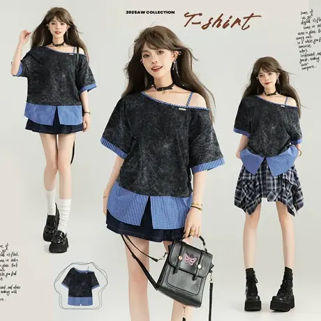 KEIKO 韩系条纹拼接假两件露肩T恤女25夏季复古慵懒宽松短袖上衣图片