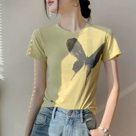 圆领短袖T恤女2024夏季新款设计感正肩百搭蝴蝶印花修身打底衫薄图片