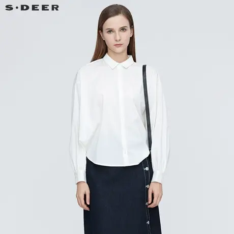 sdeer圣迪奥女装新款OL风翻领宽松抽褶白色衬衫S21160504图片