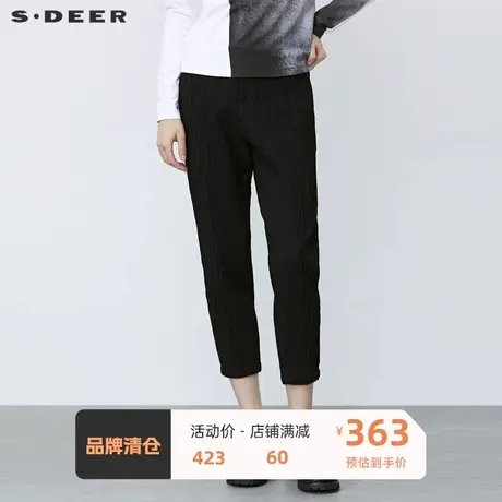 sdeer圣迪奥女装休闲插袋肌理褶皱小脚裤黑色长裤S21480803图片