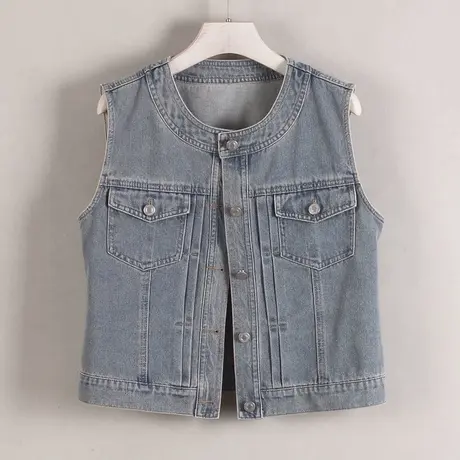 牛仔马甲女背心短款2025春秋新款无袖休闲小外搭修身圆领坎肩浅蓝图片