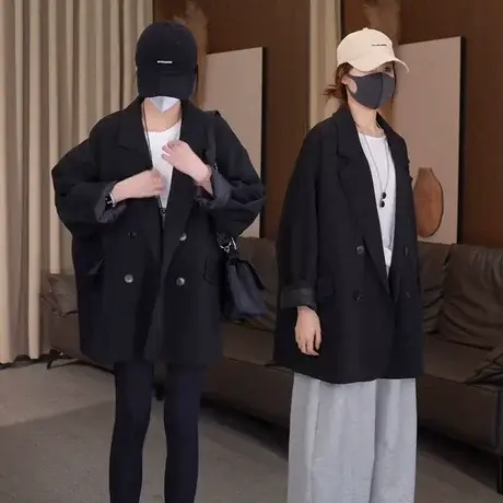 欧货气质休闲西装外套女2025年春秋新款宽松时尚中长款双排扣西服商品大图