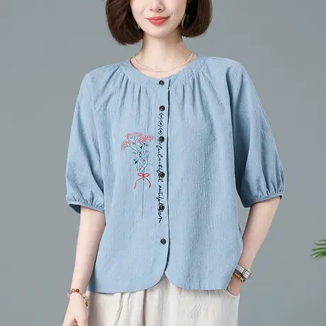 短袖t恤女夏季新款宽松加肥加大码中年妈妈纯棉刺绣文艺开衫上衣图片