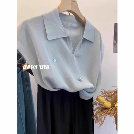 冰丝针织衫polo领正肩短袖t恤女2025新款夏季高级感独特别致上衣图片