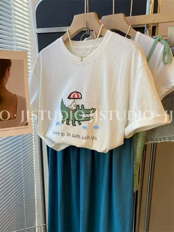 小鳄鱼！韩国东大门气质圆领宽松甜美宽松雪花棉短袖T恤女2025夏图片