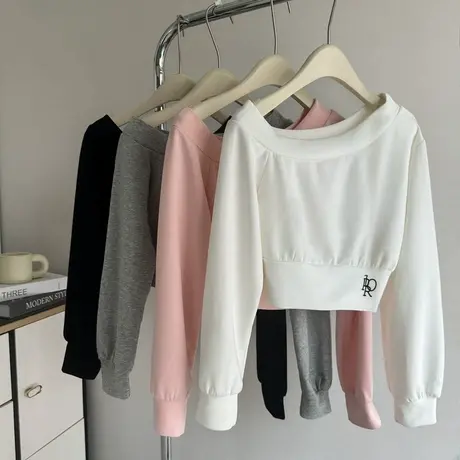 韩系甜辣妹斜领露肩卫衣女秋季薄款韩版宽松短款小个子长袖上衣潮图片