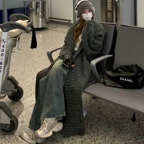 秋冬新款毛衣针织开衫厚外套女过膝超长款韩版宽松大码毛衣外套商品大图