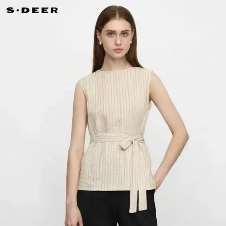 sdeer圣迪奥女装25年新品OL风圆领撞色条纹收腰无袖上衣S252Z3222图片