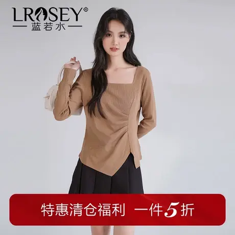 蓝若水大码女装不规则正肩方领针织T恤胖mm秋季新品别致打底衫商品大图