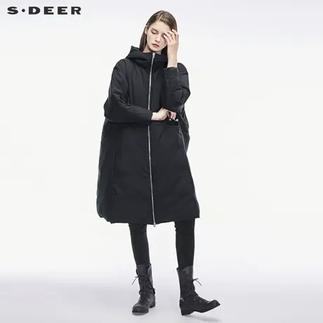 sdeer圣迪奥2018冬装新款深挖口袋高领连帽长款羽绒服女S18482410商品大图