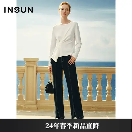 INSUN恩裳专选春季简约褶皱设计长袖针织衫图片