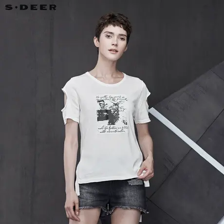 sdeer 🍍outlets圣迪奥不规则裁剪字母印胶开衩短袖针织衫S19283512商品大图