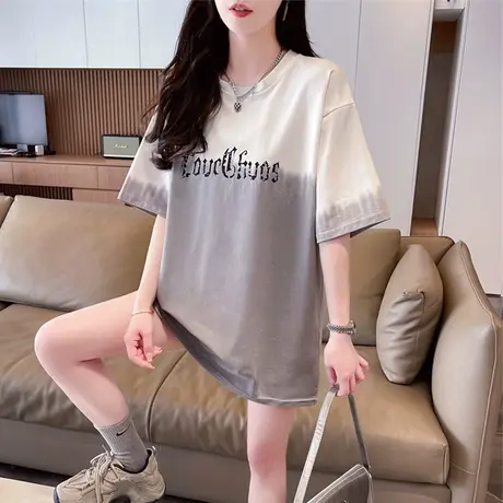 渐变色短袖t恤女夏季韩版宽松大码女装中长款设计感小众半袖上衣商品大图