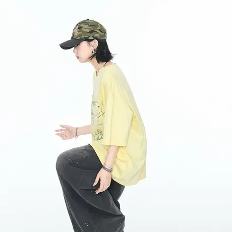 2025夏季新款创意印花短袖T恤女ins街头风宽松情侣款纯棉半袖上衣图片