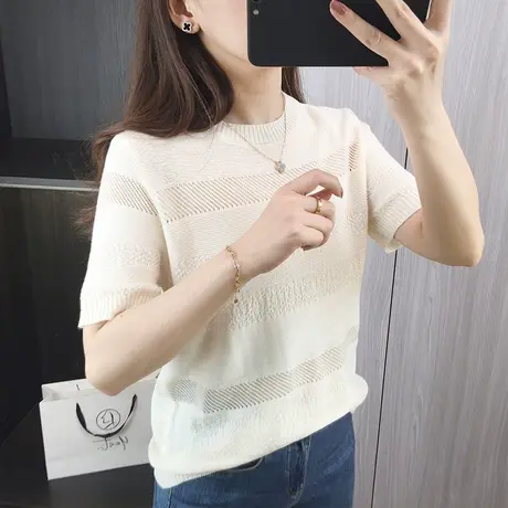 镂空针织衫短袖女薄款2024夏季新款显瘦针织上衣气质t恤宽松体恤图片