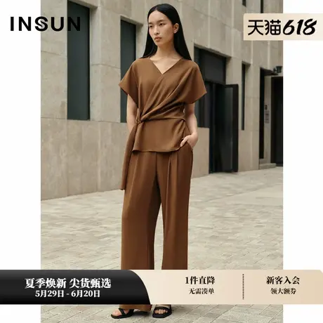 INSUN恩裳专选夏季褶皱系带醋酸短袖衬衫商品大图