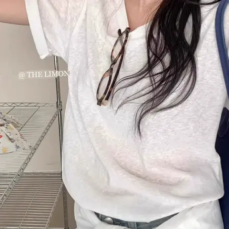 韩系白色微透凉感雪花棉短袖T恤女夏季薄款宽松圆领半袖亮色上衣商品大图