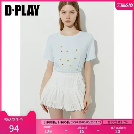 DPLAY【惠品】2025年夏季新款蓝色t恤女时尚宽松圆领刺绣上衣短袖商品大图