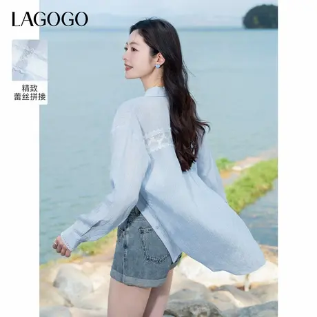 LAGOGO蕾丝拼接清新蓝色衬衫女拉谷谷2025年夏季新款翻领气质上衣商品大图