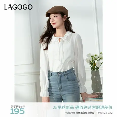 LAGOGO娃娃领纯棉重工上衣女拉谷谷2025夏秋新款套头系带长袖衬衫商品大图