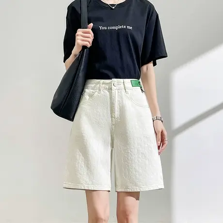 莱赛尔天丝棉牛仔短裤女夏季薄款高腰宽松米白色提花直筒五分中裤商品大图