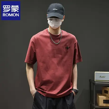 罗蒙纯棉刺绣男士短袖上衣夏季新款宽松圆领纯色时尚百搭T恤衫N1Z图片
