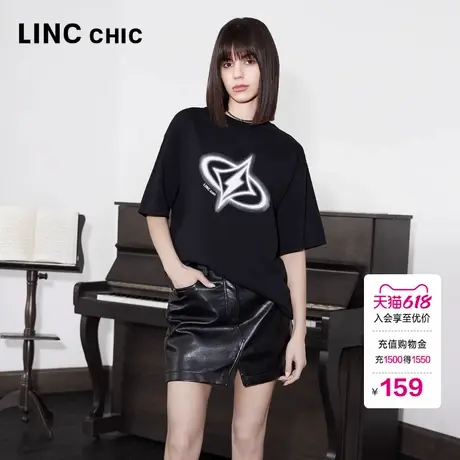 LINCCHIC金羽杰圆领短袖上衣女廓形感印花大T恤女半袖S242TS192Y商品大图