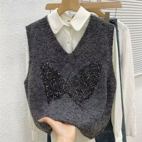 V领纯色亮片细闪蝴蝶针织马甲女百搭高级感显瘦毛衣背心秋冬新款图片